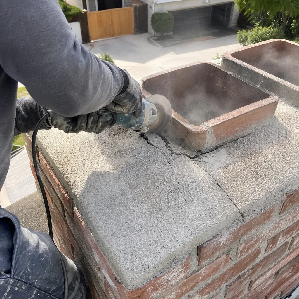 Professional technician using an angle grinder for chimney crown repair