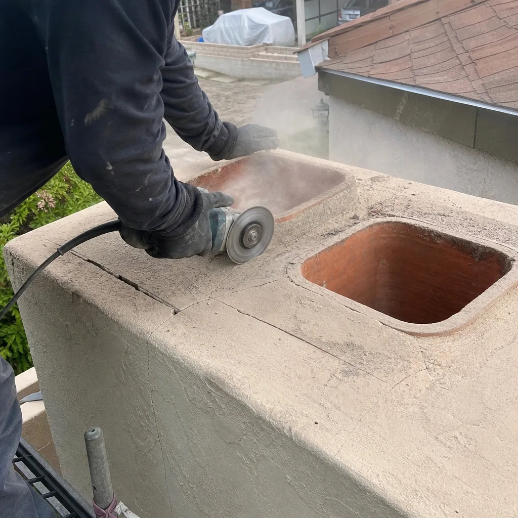 Professional technician performing chimney repair with an angle grinder on a roof