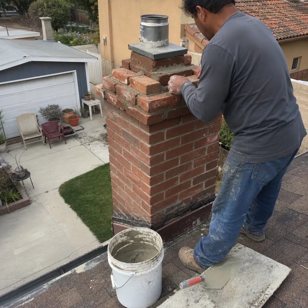 Professional contractor performing chimney masonry repair on a residential rooftop