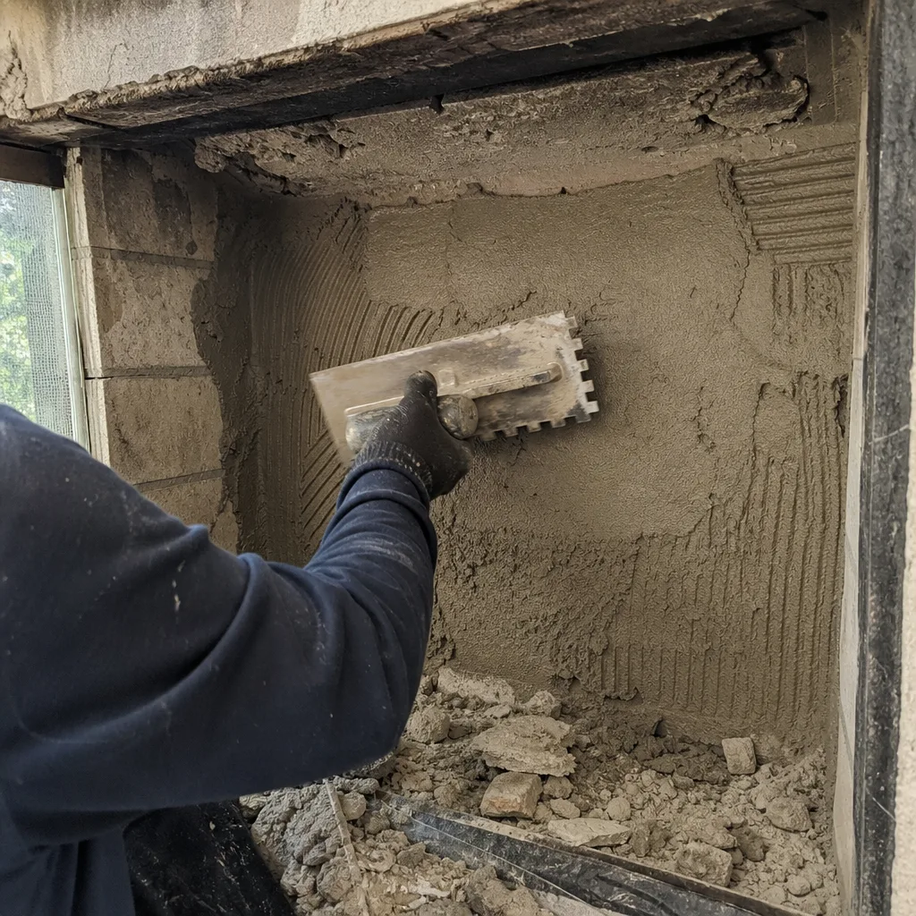 professional applying mortar to fireplace interior with notched trowel