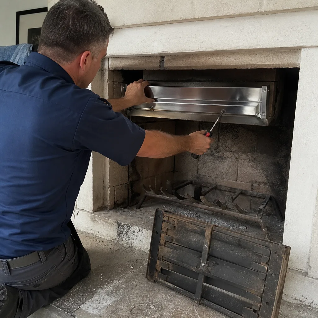 Professional chimney sweep installing a stainless steel fireplace damper insert