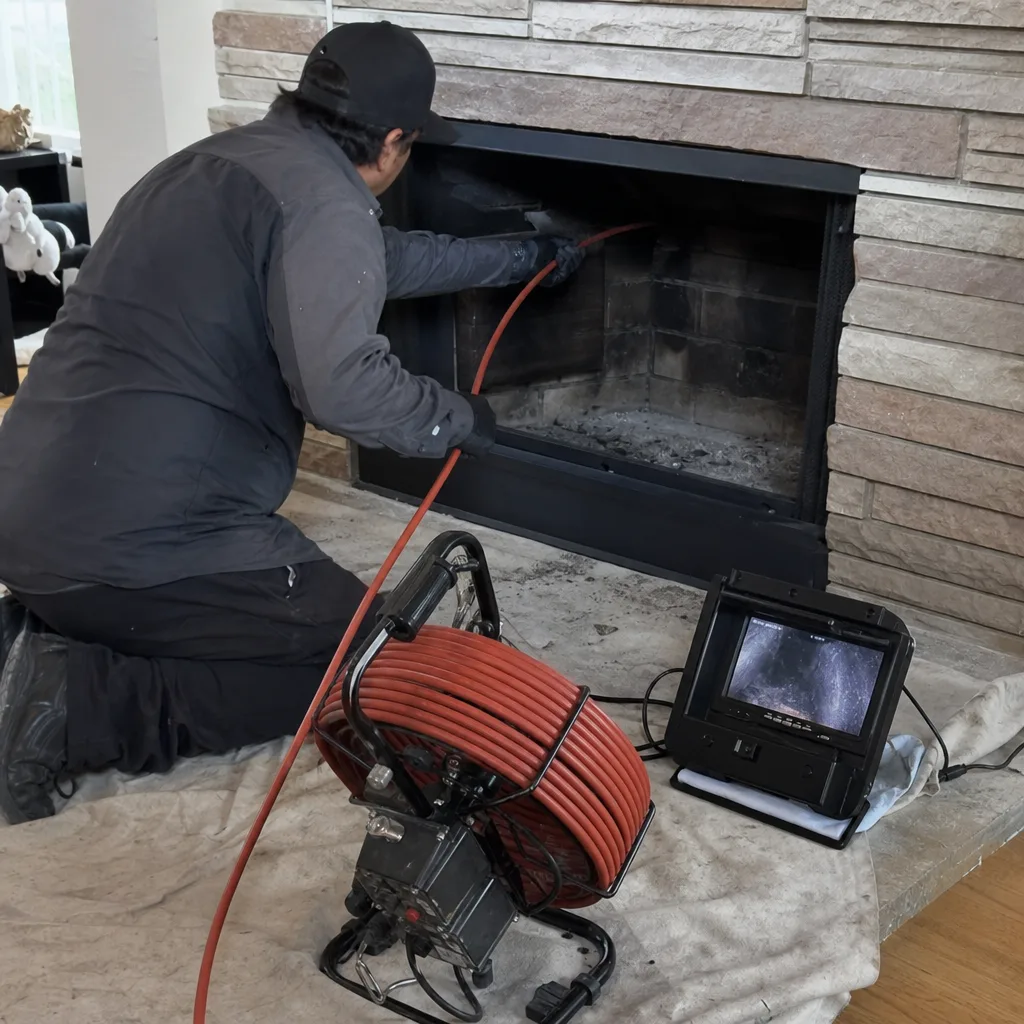 Technician performing a professional fireplace and chimney flue video inspection